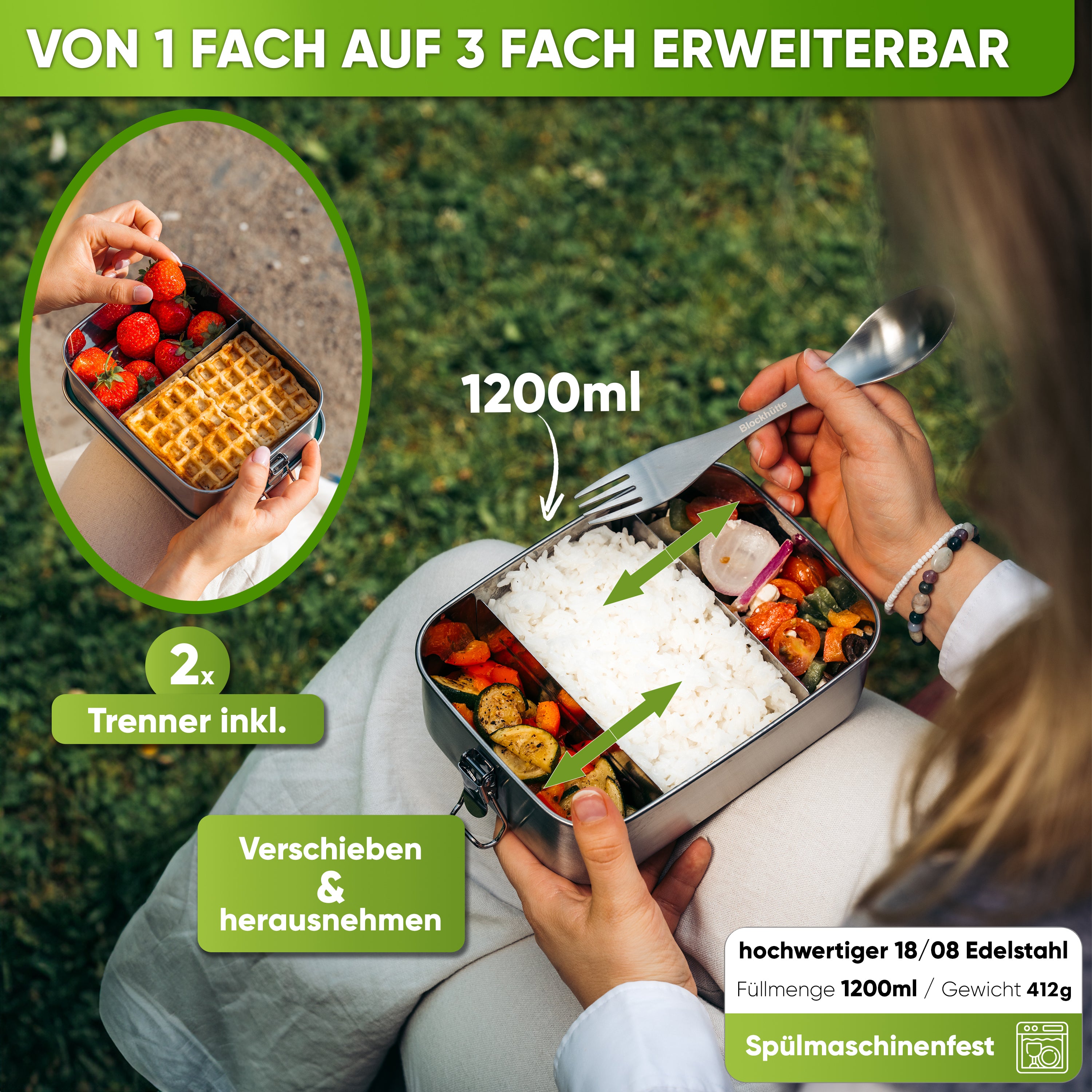 Fiambrera de acero inoxidable con 2 separadores